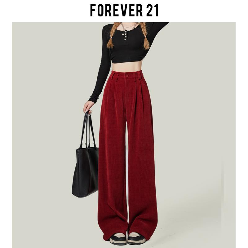 Forever 21复古红色灯芯绒休闲裤女复古显瘦雪尼尔窄版阔腿直筒裤