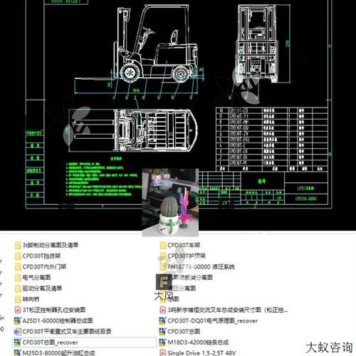 3吨蓄电池平衡重叉车总图装配图设计CAD图纸电动叉车电路图液压图