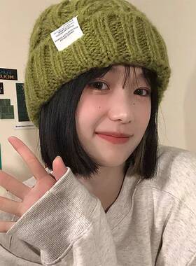2023年帽子女粗针织毛线帽秋冬季百搭大头围绿色宽松ins潮显脸小