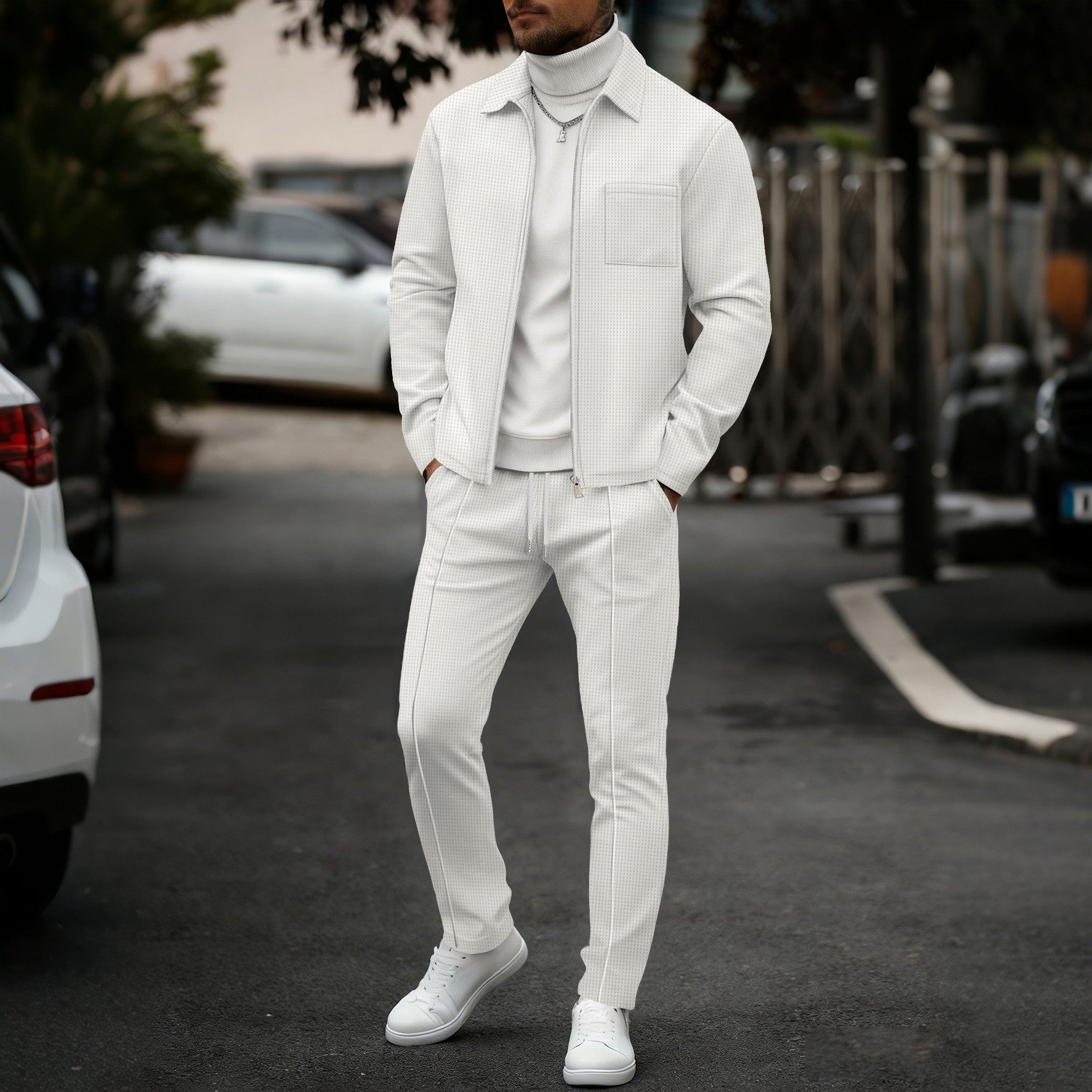 品质男装25跨境男秋冬季华夫格纯色拉链门襟口袋翻领开衫男士夹克,男装,休闲运动套装,淘宝优惠券,粉丝福利购,淘宝优惠卷