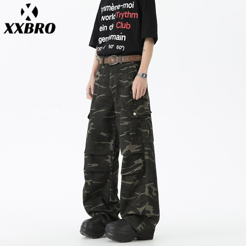 xxbro男装#美式复古设计感迷彩工装裤多口袋宽松直筒阔腿休闲裤