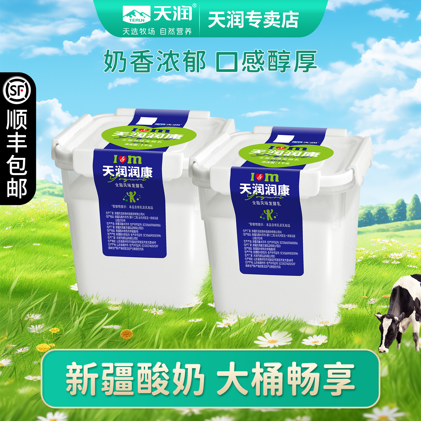 天润新疆低温老酸奶润康方桶酸奶1kg*2大桶组合装