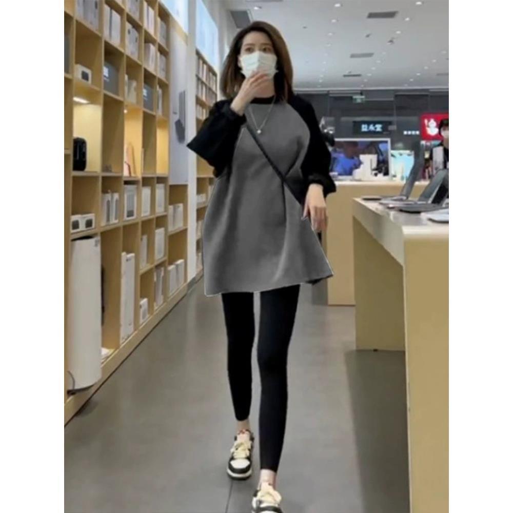 中长款插肩卫衣遮屁股女2024年春秋新款宽松休闲百搭长袖t恤上衣