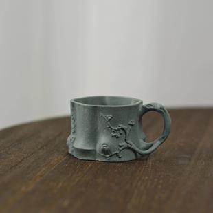 宜兴紫砂主人杯原矿绿泥紫泥降坡泥带把小茶杯纯手工梅花堆绘中式