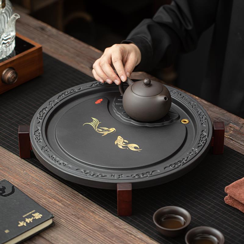 创意紫砂圆形蓄排双用式茶盘高端干泡台小型家用泡茶盘礼盒装定制