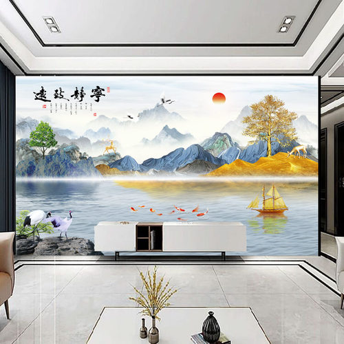 2023新中式沙发电视背景墙纸山水壁画壁纸8D壁布轻奢墙布客厅装饰