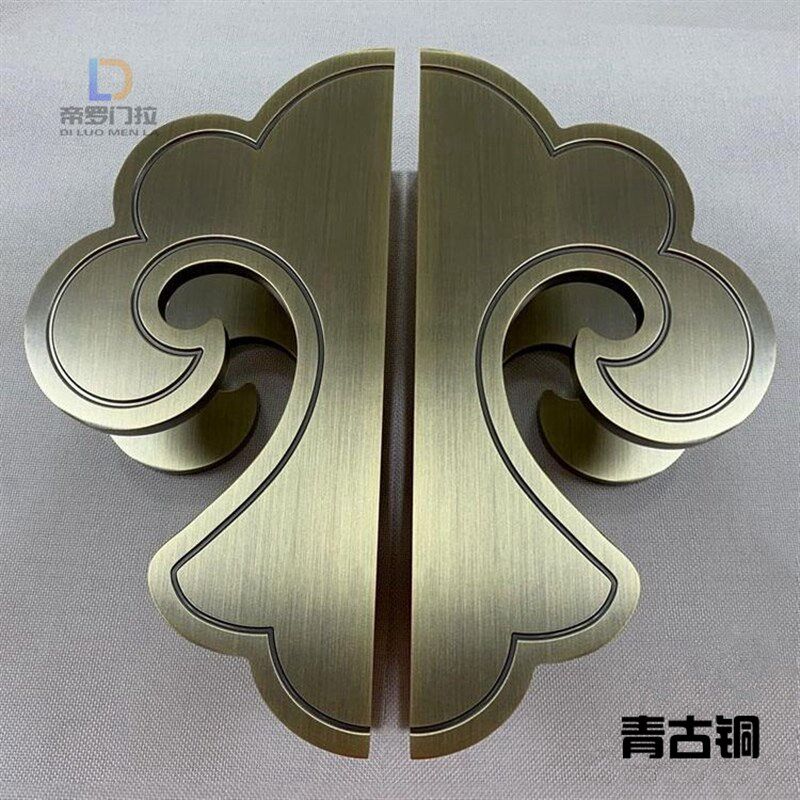 中式仿古玻璃门拉手祥云大门拉手古铜雕刻镂空半圆形木门把手黑色