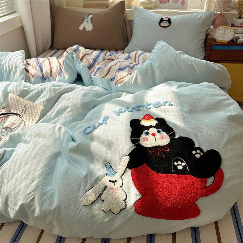 奶系甜甜猫软糯四季亲肤云朵棉四件套 卡通绣花宿舍3件套柔软床品