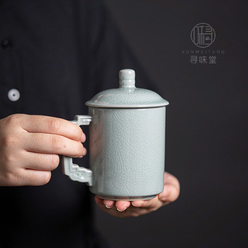 粉青汝窑办公杯水杯高档亮釉汝瓷带盖泡茶杯复古中式陶瓷会议杯