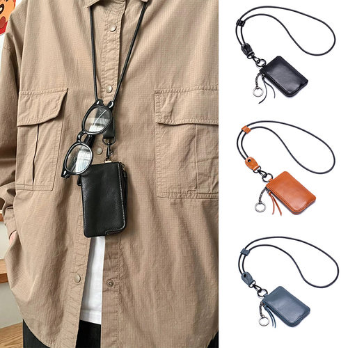 2025牛皮质感挂脖零钱包小巧收纳挂绳证件卡包带钥匙圈迷你钥匙包