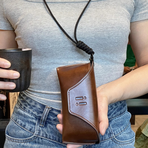 【棕色挂脖太阳眼镜包】出口欧洲级高品质皮质墨镜包便携抗压收纳