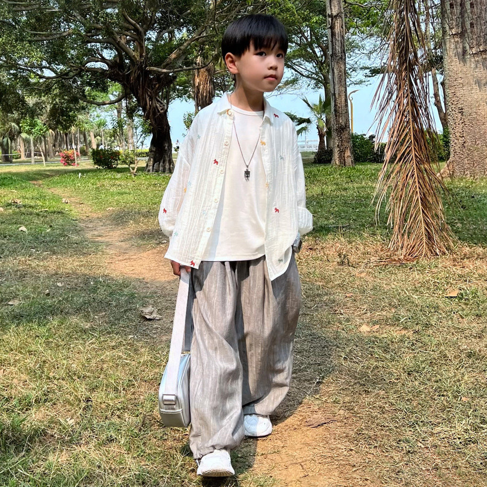 男童夏季薄款长袖天丝衬衫2026新款儿童中大童小男孩痞帅白色衬衣