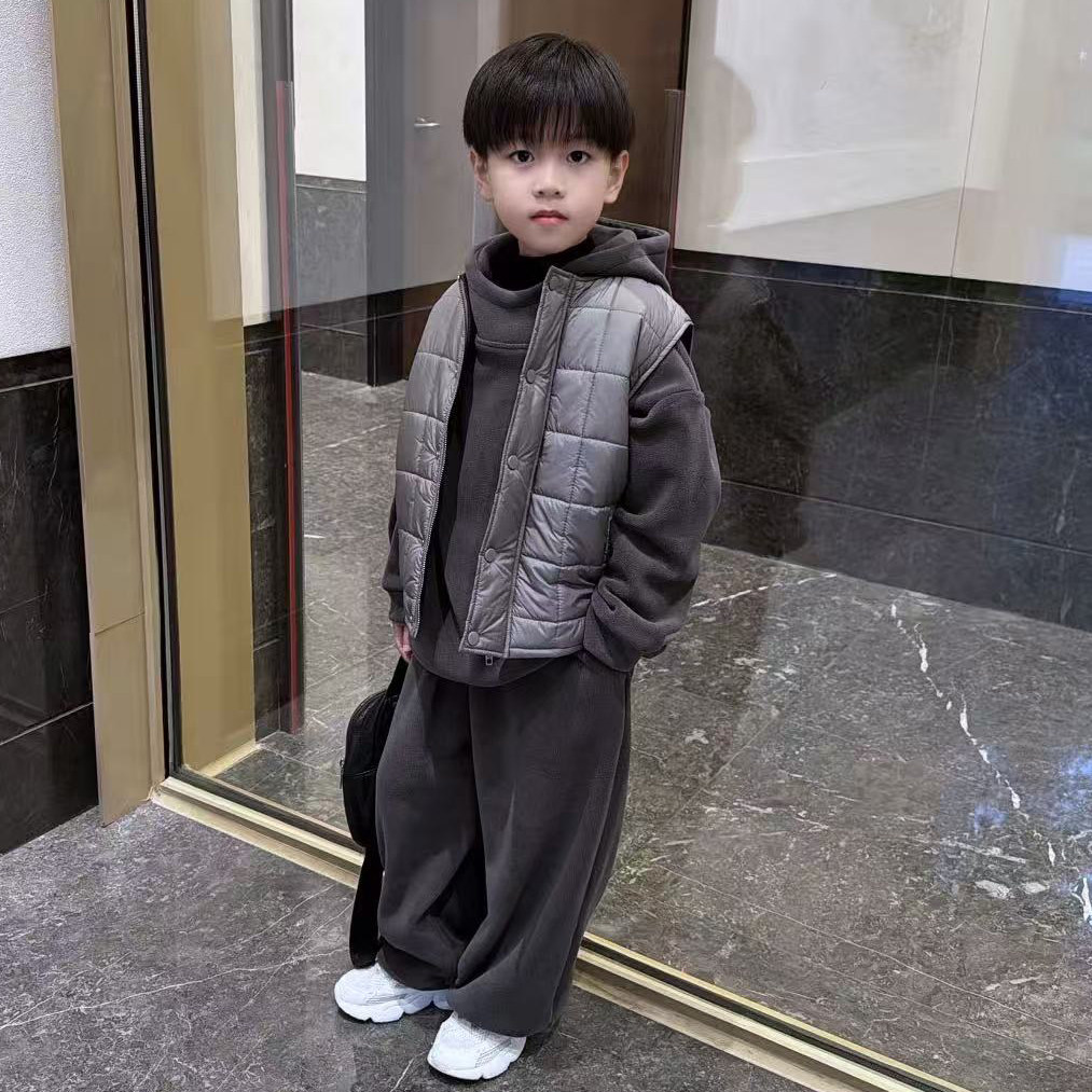 男童冬季夹棉马甲加绒卫衣裤子三件套2025新款秋冬儿童中大童套装
