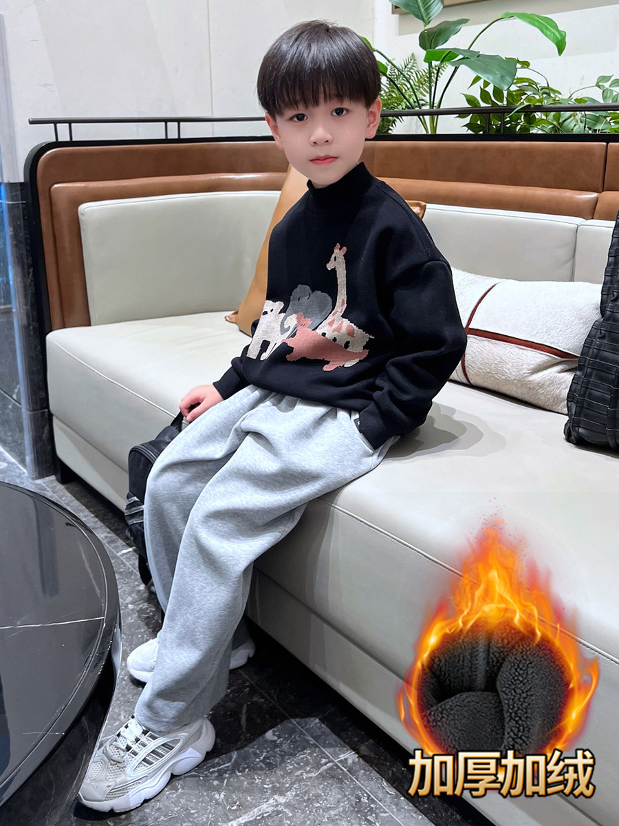 男童秋冬半高领加绒保暖卡通卫衣2025新款冬季儿童中大童小男孩潮