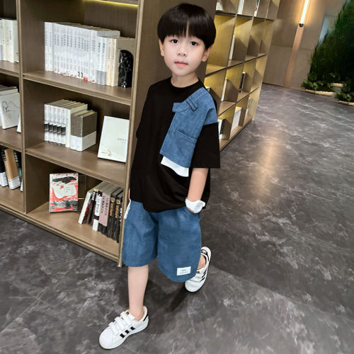 男童夏季薄款牛仔拼接套装