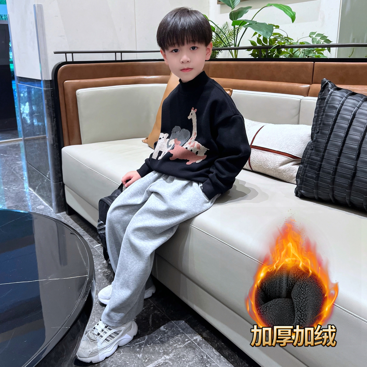 男童秋冬半高领加绒保暖卡通卫衣2025新款冬季儿童中大童小男孩潮