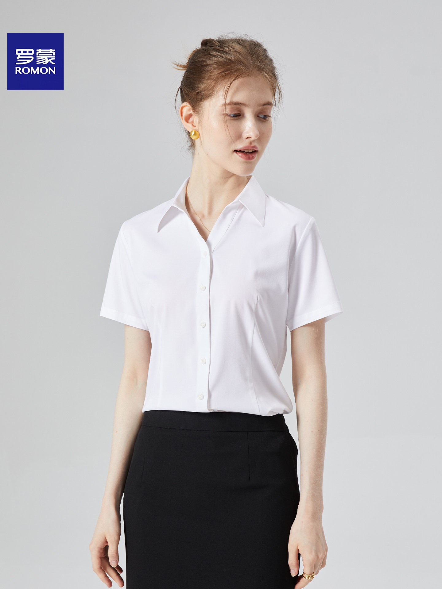 【竹纤维】罗蒙夏季白色v领衬衫女职业工作衬衣上班正装短袖上衣