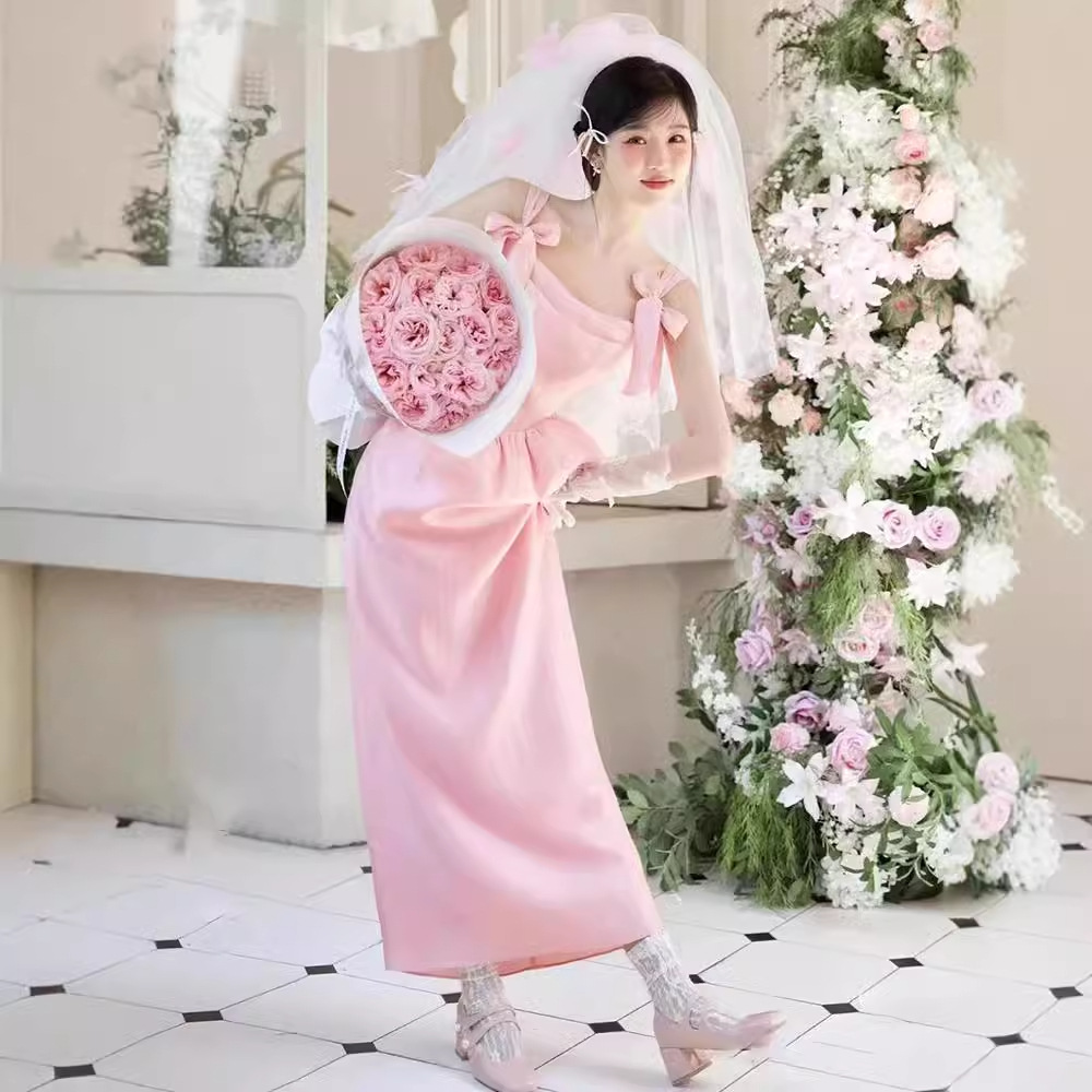 晨袍女新娘订婚晨拍礼服成人礼宴会粉色甜美小个子晚礼服领证裙子