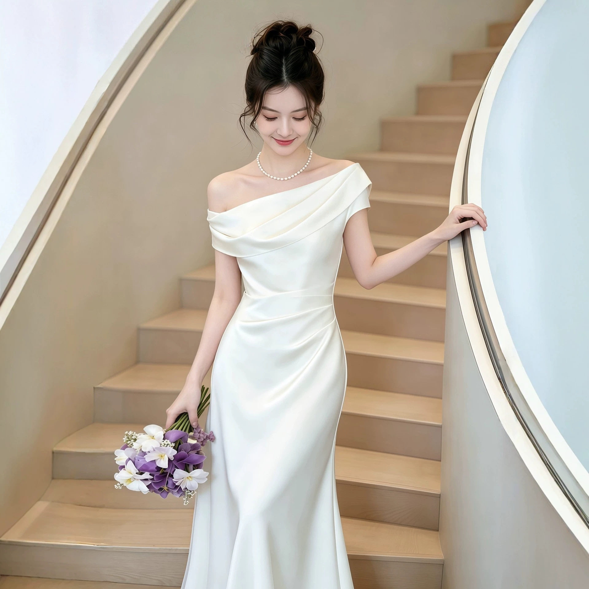 白色缎面订婚礼服法式斜肩晨袍气质领证小白裙轻奢晚礼服连衣裙女图片