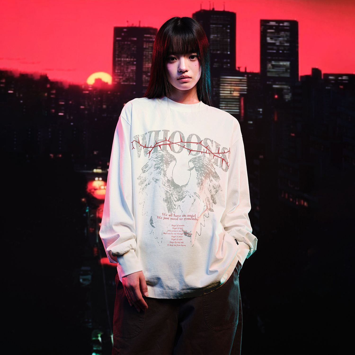 WHOOSIS(不知其名)荆棘天使水洗长袖T恤秋季美式街头休闲男女潮