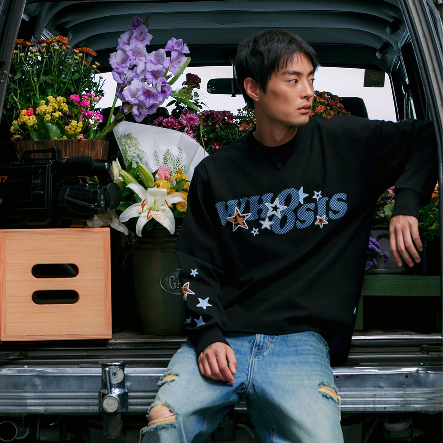 WHOOSIS(不知其名)星星贴皮长袖T恤秋季酷飒chic通勤打底简约男