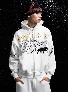 WHOOSIS(不知其名)黑豹贴布金属发泡拉链帽衫卫衣外套秋冬男女