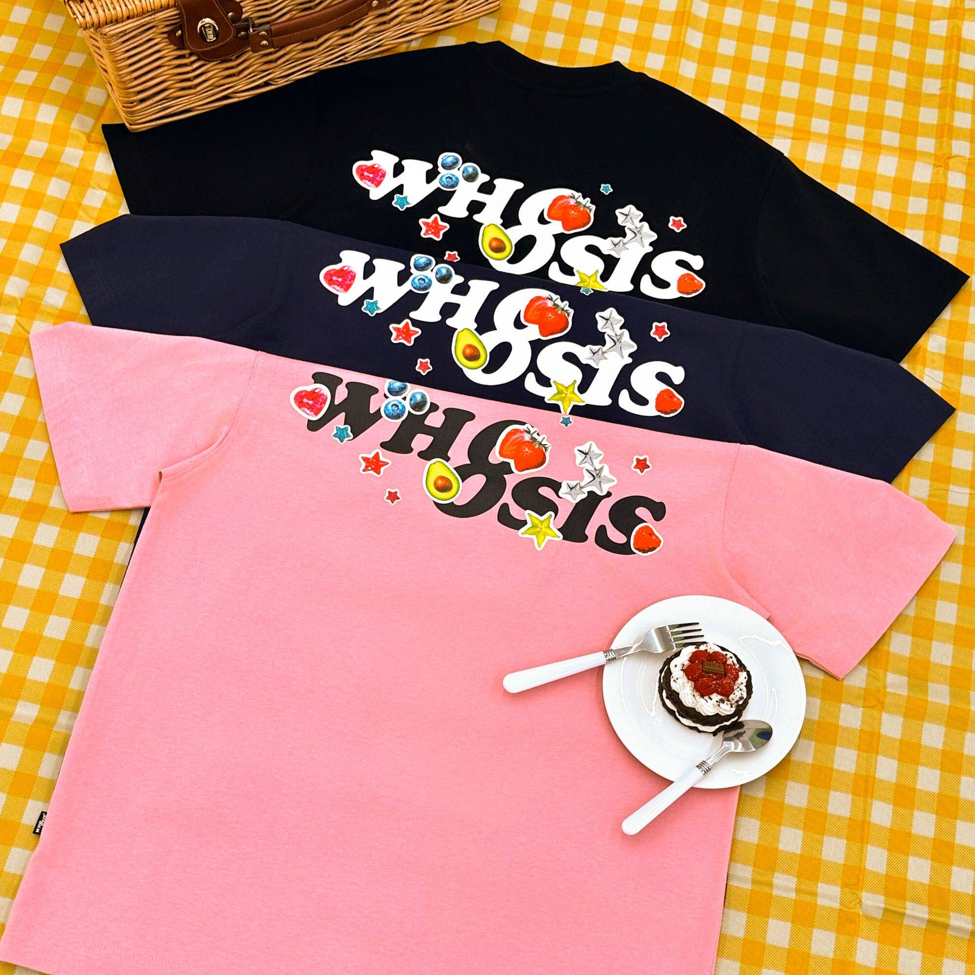 WHOOSIS（不知其名）水果贴纸短袖T恤夏季新款百搭圆领宽松男女潮