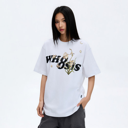 WHOOSIS（不知其名）鸢尾花仿刺绣印花短袖T恤时尚百搭休闲宽松