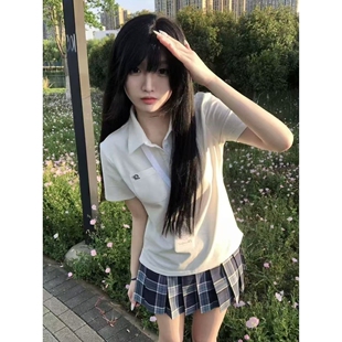春日青jk学院风白色POLO衫短袖衬衫日系格裙百褶裙小田凌原创制服