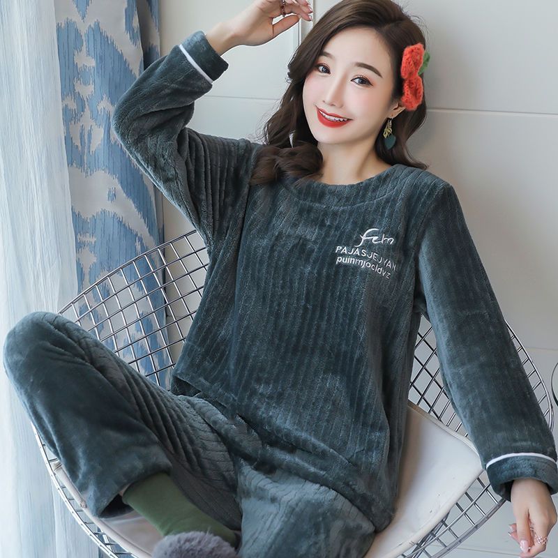 新款法兰绒睡衣女加厚珊瑚绒保暖套装套头大码可外穿家居服冬季