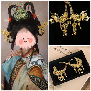 唐风复原仕女图头饰发簪子古风明宋制汉服掩鬓重工流苏步摇发钗
