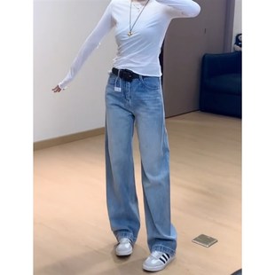 速发蓝色阔腿2牛仔裤裤024个大码窄版小早子宽松直筒裤弯刀裤