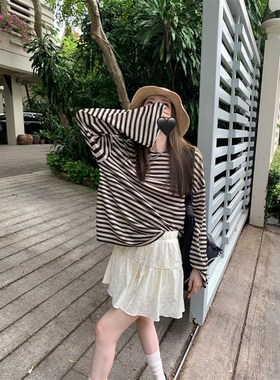 速发xbbb 京畿道wk款条纹防晒松长袖套头薄 宽服百搭上衣