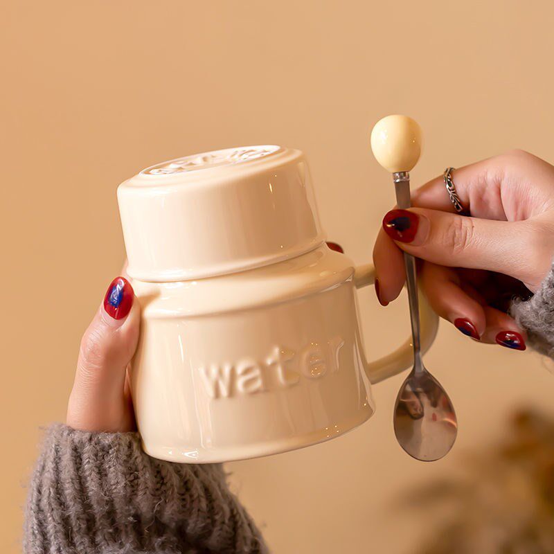 速发大容量陶生杯子高瓷颜值水壶马克杯带盖勺办公室家用咖啡杯