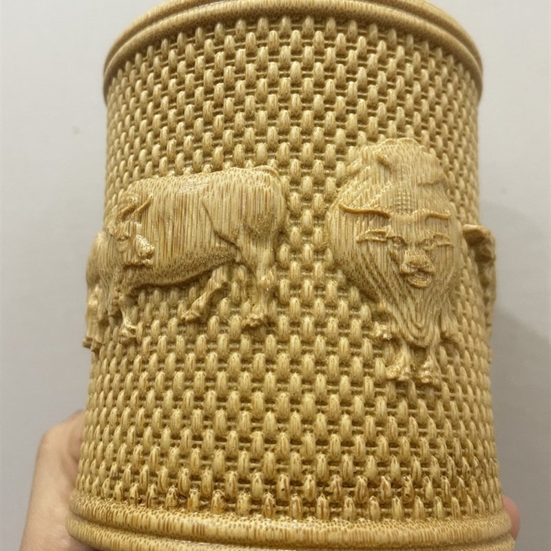 速发手工复古竹雕创意简约办公藤编摆件时尚镂空个性圆形竹制桌面