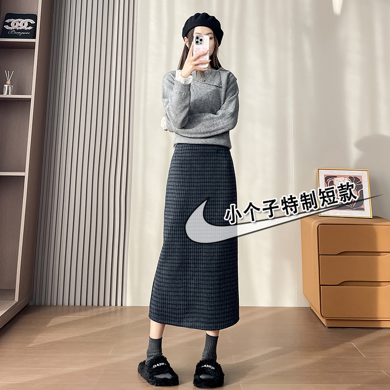 复古格子毛呢半身裙女145小个子修身显瘦a字中长裙开叉包臀裙xs码