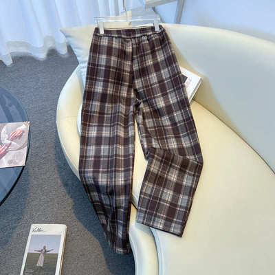 小矮个子145七分毛呢哈伦裤女秋冬加绒加厚九分休闲格子萝卜裤xxs