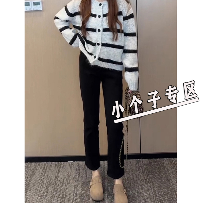 黑色烟管牛仔裤女冬季加绒加厚高腰显瘦小个子八九分法棍直筒裤子