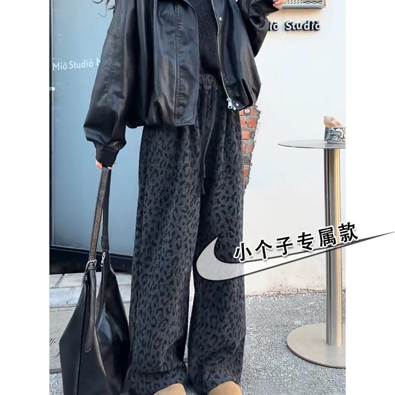 小个子冬季加绒豹纹阔腿毛巾裤女慵懒风高腰宽松垂感直筒休闲卫裤