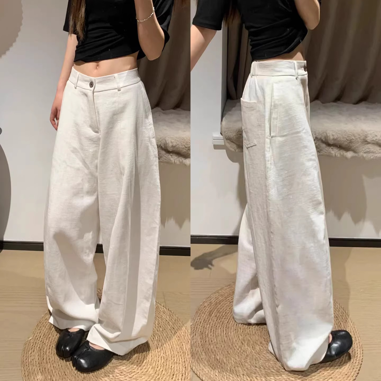 小个子白色苎麻亚麻休闲西装阔腿裤女夏款高腰垂感显瘦直筒弯刀裤