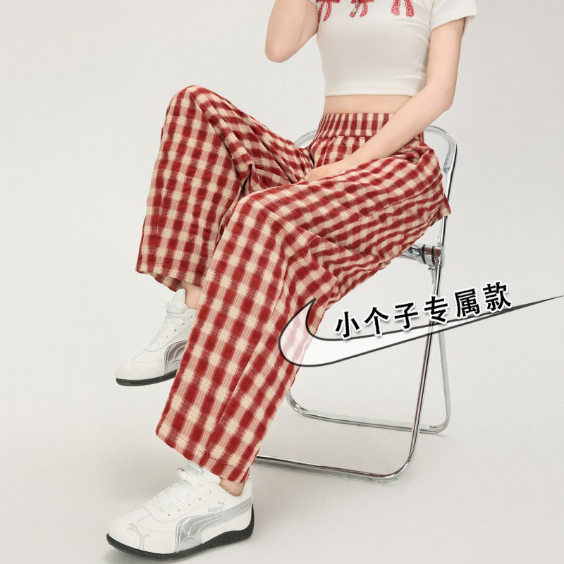 红色九分慵懒风格子高腰泡泡哈伦裤女夏薄款小个子显瘦休闲奶奶裤