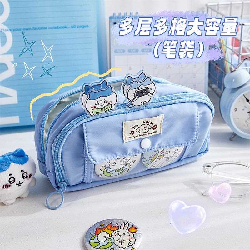 大容量多层笔袋透明夹层吧唧痛包女生简约可爱文具袋小学生铅笔盒