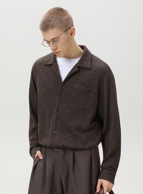 ECLR 老钱风古巴领长袖衬衫男秋冬精致肌理感宽松廓形衬衣垂感