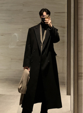 ECLR2025秋冬新款双排扣大衣黑色高级感保暖总裁宽松加厚呢子外套