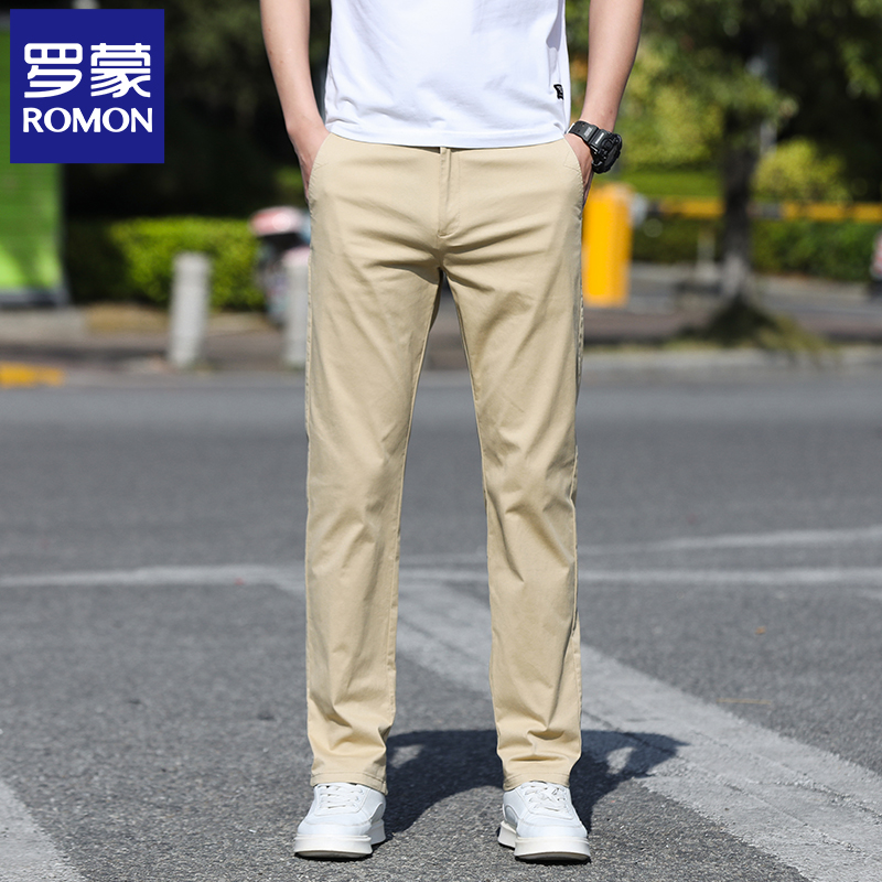 罗蒙男士休闲裤夏季薄款宽松直筒纯棉商务西裤百搭卡其色长裤N2Z