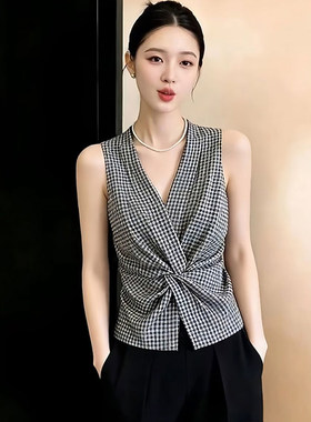 轻熟风V领格子背心女2026夏季