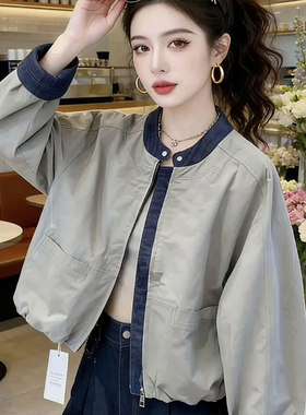 设计感拼接短外套女2026春季新款韩版休闲风宽松立领拉链夹克上衣