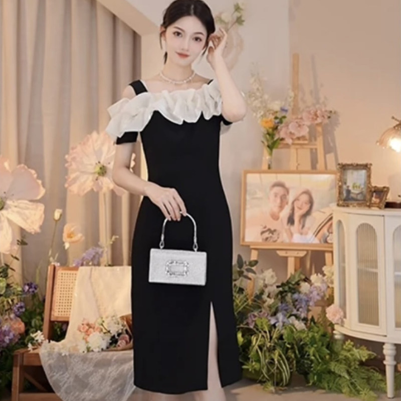 一字肩法式连衣裙女网纱性感荷叶边拼接小黑裙气质收腰显瘦鱼尾裙