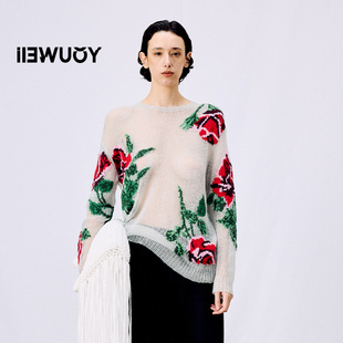 YOUWEI有尾2025春夏新品 Y2025101 玫瑰提花马海毛套头毛衣女针织衫