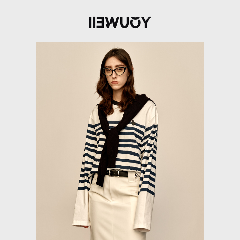 有尾长袖手绘法式条纹T恤